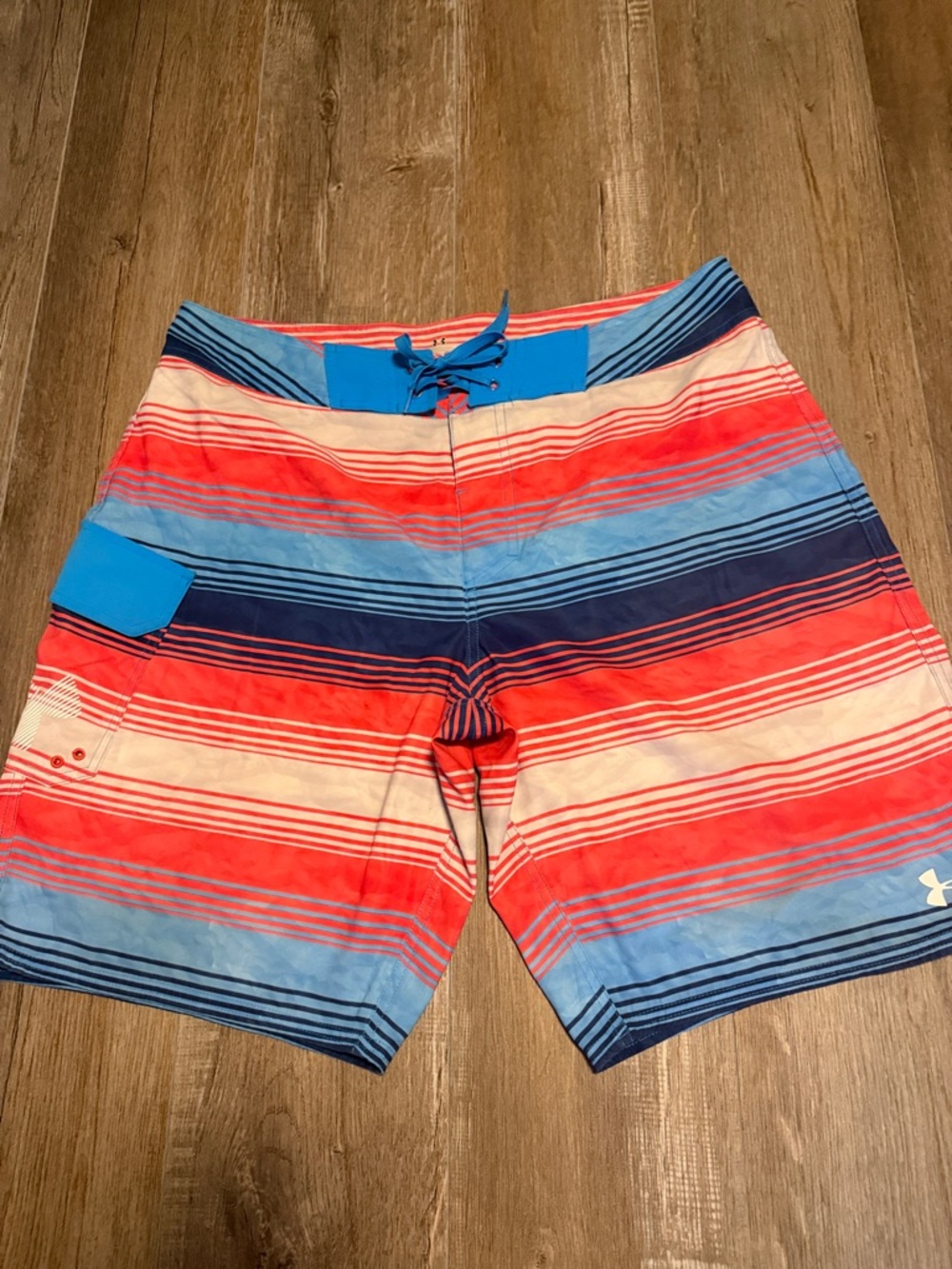 Under Armour Men’s Red, Blue & White Striped Swim Board Shorts